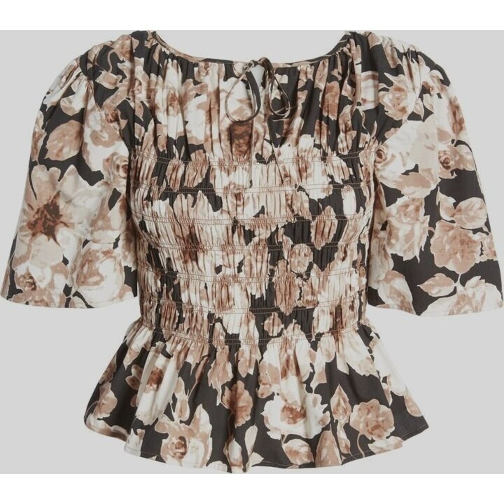 Rails Rosie Short Sleeve Top Size XL Sepia Roses Brown Smocked Peplum - Picture 2 of 11